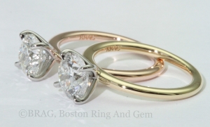 Two tone, 18k Yellow and Rose gold with platinum Solitaire Engagement Rings 