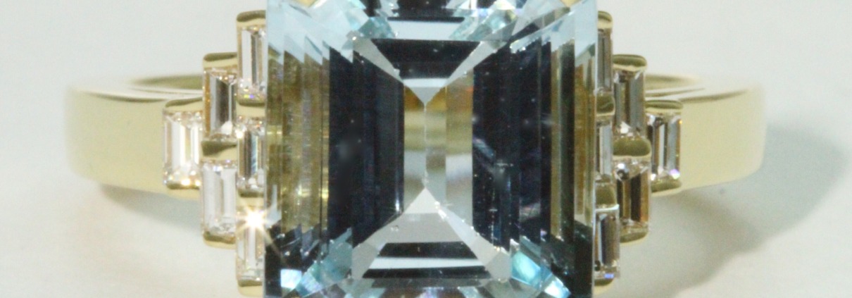 Aqua and Diamond Gold Art Deco ring