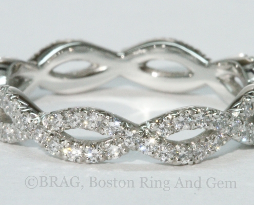 Baguette diamonds set in rose gold channel eternity wedding ring