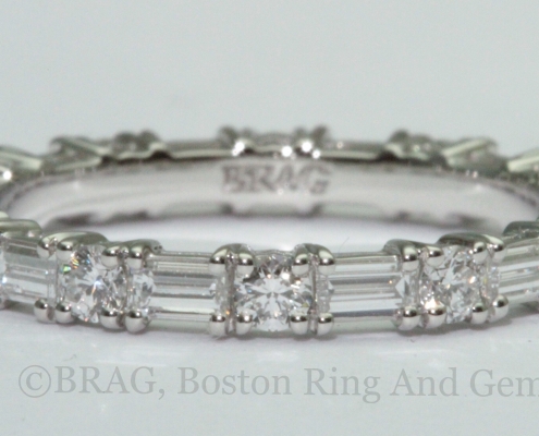 Baguette and round diamond alternating shared prong eternity wedding ring