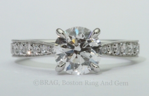 Platinum and diamond Cathedral tapered solitaire with Mill grain edge