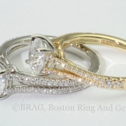 Round platinum halo with 18k rose gold scroll filigree under bezel