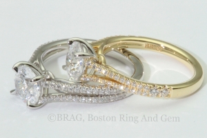 Round platinum halo with 18k rose gold scroll filigree under bezel