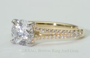 Round platinum halo with 18k rose gold scroll filigree under bezel
