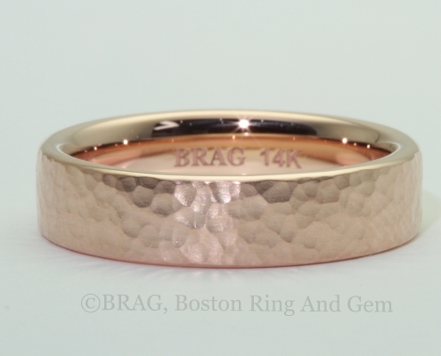 14k rose gold men's wedding ring, flat with matte hammer finish