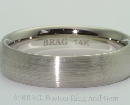 14k white gold, unplated men's wedding ring, dome with matte finish.