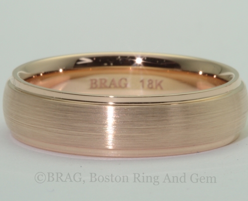 7mm wide, 18k rose gold men's wedding ring, flat woith stepd edge, matte center and high polish edge