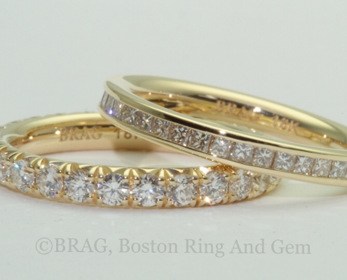 A pair of 18k yellow gold and diamond eternity wedding rings