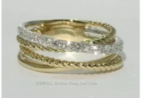 Yellow gold and diamond layered rope ring