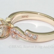 18k yellow gold and diamond swirl with mill grain detail engagement ring