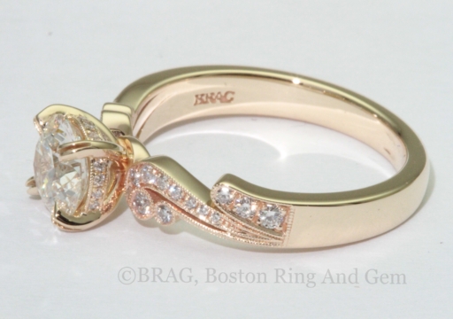 18k yellow gold and diamond swirl with mill grain detail engagement ring