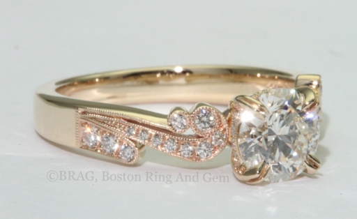 18k yellow gold and diamond swirl with mill grain detail engagement ring