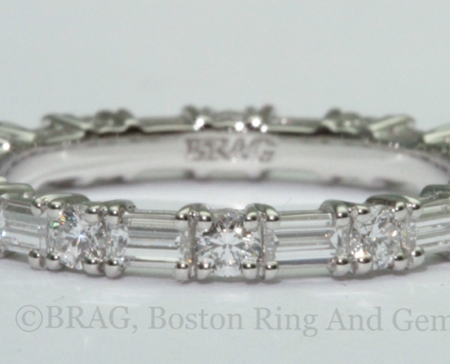 Baguette and round diamond alternating shared prong eternity wedding ring