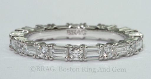 Baguette and round diamond alternating shared prong eternity wedding ring