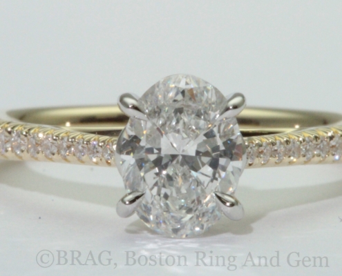 Platinum and Diamond tapered cathedral band with loop basket and lace diamond set sidewalls