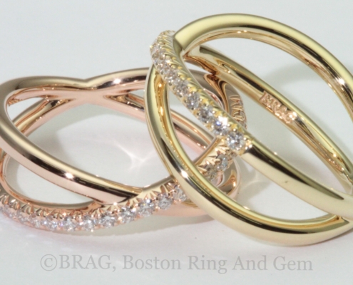 18k yellow and rose gold with French cut set diamonds crisscross ring