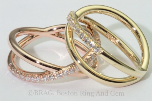 18k yellow and rose gold with French cut set diamonds crisscross ring