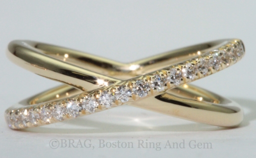 18k yellow gold with French cut set diamonds crisscross ring