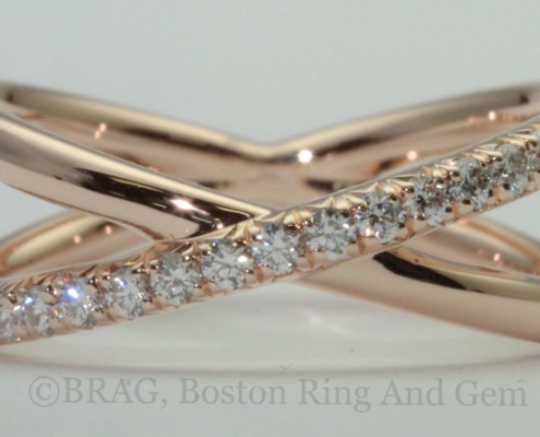 18k rose gold with French cut set diamonds crisscross ring