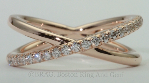 18k rose gold with French cut set diamonds crisscross ring