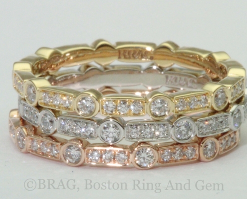 Art deco inspired stackable bands. Round diamonds set in alternating round bezel and rectangle bead set.