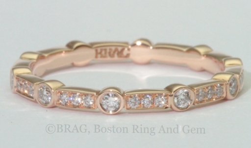 18k rose gold art deco wedding ring. Diamonds set in alternating round bezel and rectangle bead set.