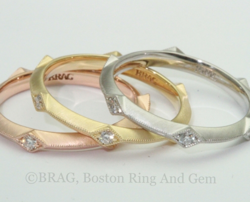 Art deco inspired wedding rings with knife edge and diamond accents