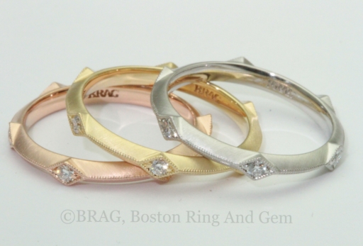 Art deco inspired wedding rings with knife edge and diamond accents