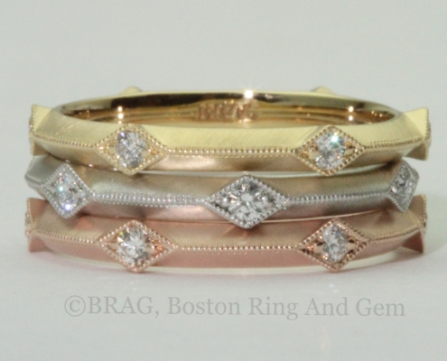 Art deco inspired wedding rings with knife edge and diamond accents