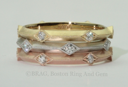 Art deco inspired wedding rings with knife edge and diamond accents