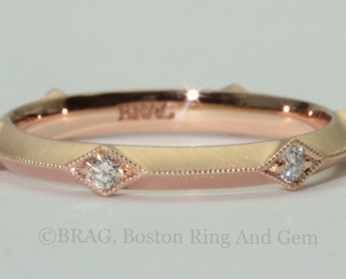 Art deco inspired 18k rose gold wedding rings with knife edge and diamond accents