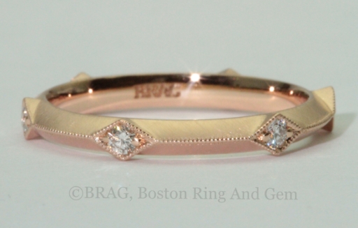 Art deco inspired 18k rose gold wedding rings with knife edge and diamond accents
