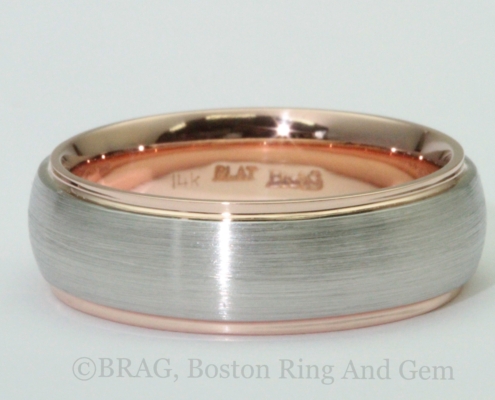 Platinum and 14k rose gold, 7mm wide dome with step men’s wedding ring