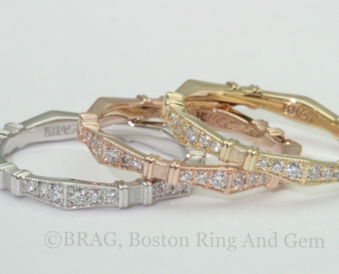Art deco Geometric diamond and wedding rings in platinum, yellow and rose golds