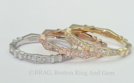 Art deco Geometric diamond and wedding rings in platinum, yellow and rose golds