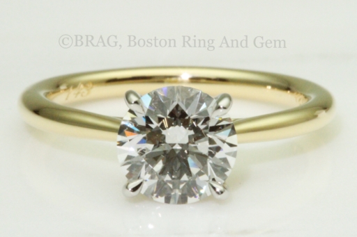 2 tone platinum scroll basket on gold cathedral solitaire band
