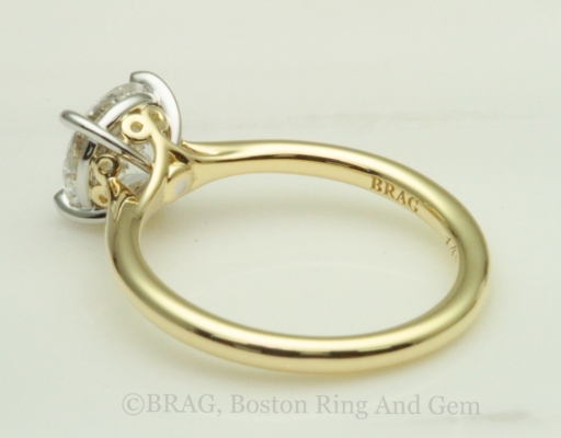 2 tone platinum scroll basket on gold cathedral solitaire band
