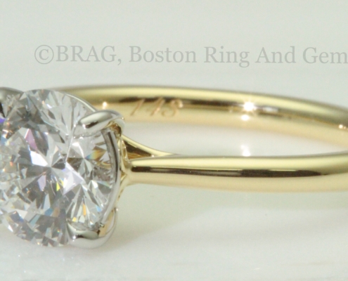 2 tone platinum scroll basket on gold cathedral solitaire band